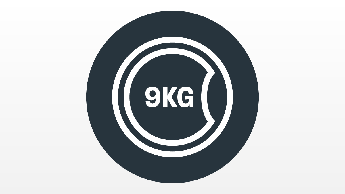 Laundry buying guide icon showing a white outline of a 9kg drum on a black circle.