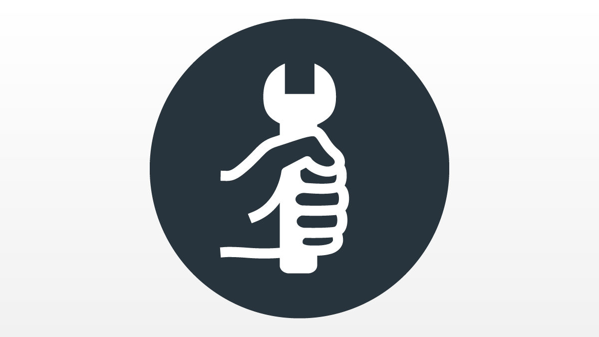 Laundry buying guide icon showing a white outline of a hand and spanner on a black circle.
