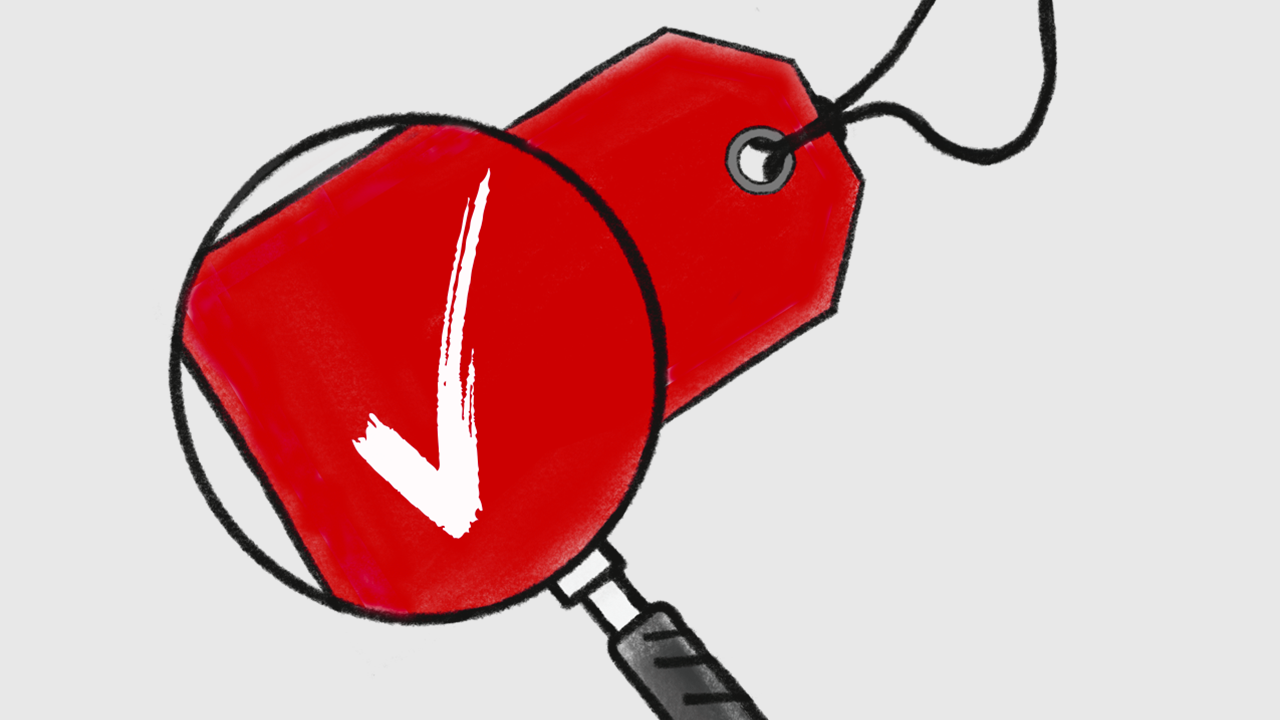 Illustration showing a red clothing tag with a magnifying glass and a white tick.