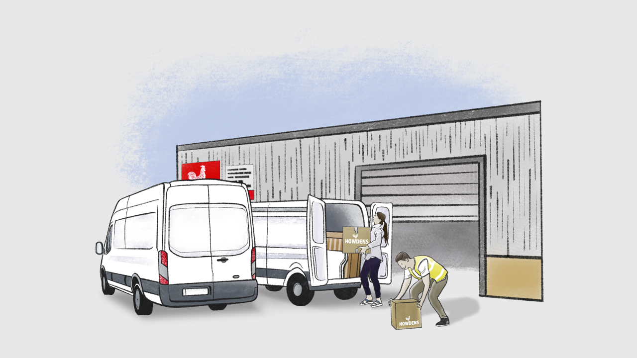 Illustration showing a depot with a white van and people loading boxes into the boot.