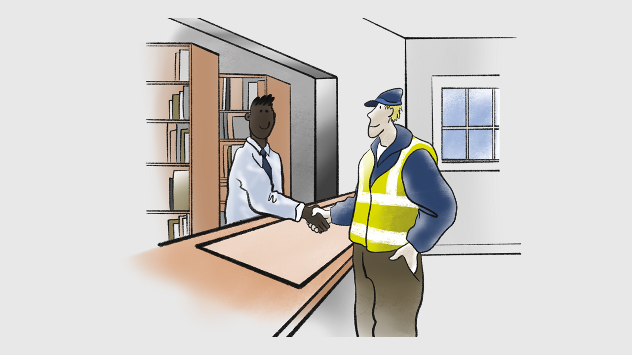 Trade terms illustration showing two people shaking hands over a table.