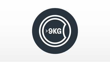 Black and white illustration of a washing machine door with a 9kg icon.
