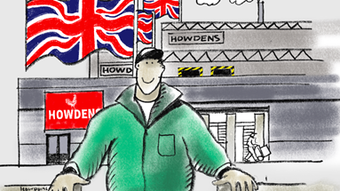 trade builder in front of Howdens factory