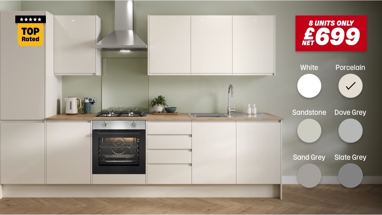 Porcelain Clerkenwell fitted kitchen available in six colours: Dove Grey, White, Slate Grey, Sandstone, Sand Grey, Porcelain. Only £699.