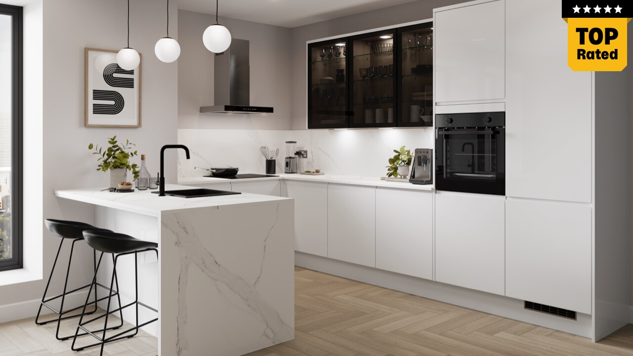 A Clerkenwell Gloss White kitchen with a Top Rated review logo.