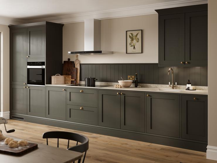 A green Chilcomb kitchen in a single wall layout