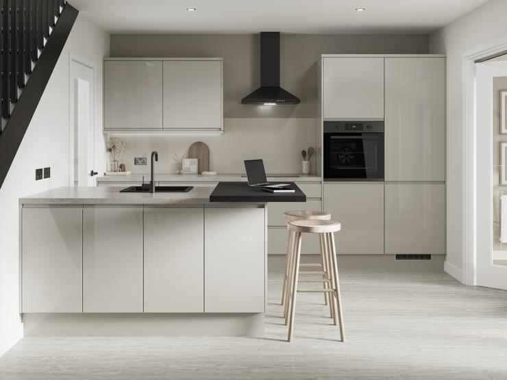 A slab kitchen with a gloss finish and sandstone tone