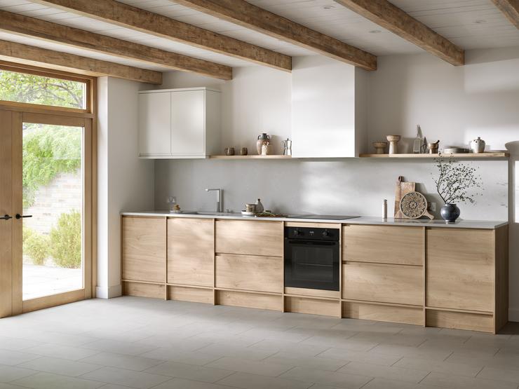An oak, one wall kitchen in a shoji style
