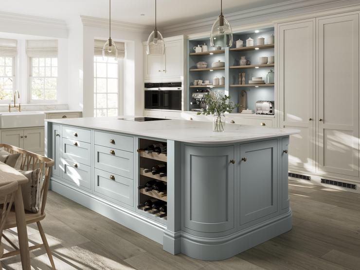 A mist and dove grey shaker kitchen with grey flooring