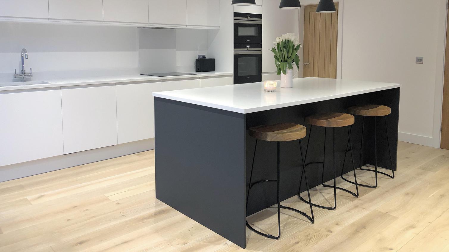 Integrated handle white and navy kitchen