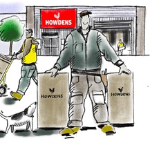 Illustration of a builder in front of depot with Howdens boxes