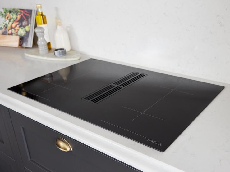 A black, Lamona induction hob with inbuilt extractor