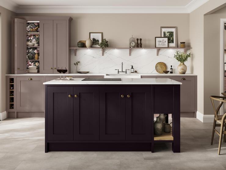 Two tone shaker kitchen ideas in blackberry and antique rose. Includes white worktops, an induction hob, and grey floors.
