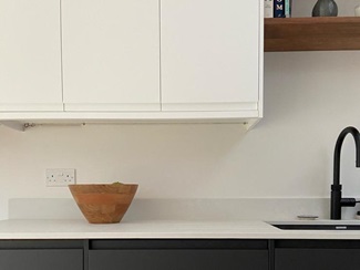 Clerkenwell Super Matt kitchen white and charcoal cupboards