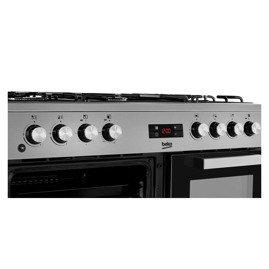 Beko KDVF90X 90cm Dual Fuel Stainless Steel Range Cooker Controls close up