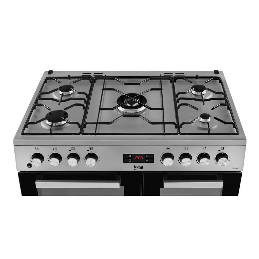 Beko KDVF90X 90cm Dual Fuel Stainless Steel Range Cooker Stainless Steel Aerial View showing all hobs and control panel