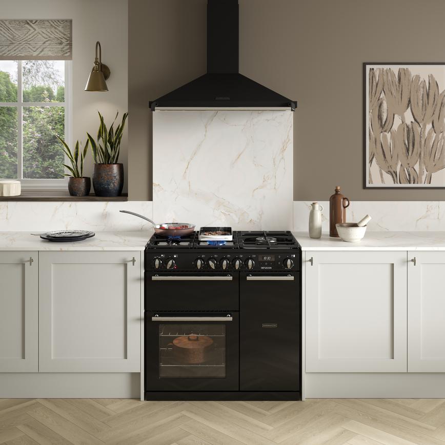 Rangemaster Infusion Black Dual Fuel Range Cooker 90cm in Chilcomb Sandstone