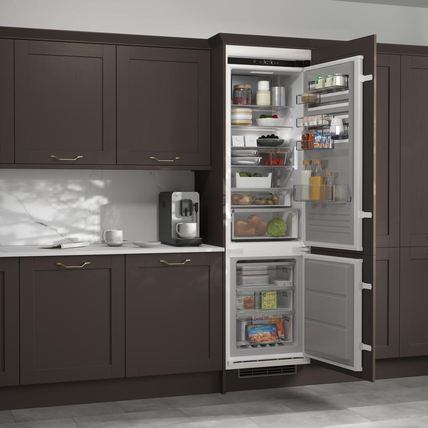 AEG Extra Tall Fridge Freezer in Howdens Kitchen Halesworth Truffle