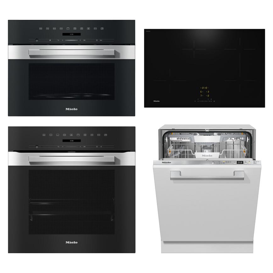 Miele Black Induction Hob, Stainless Steel Multifunction Grill, Black Microwave and Integrated Dishwasher