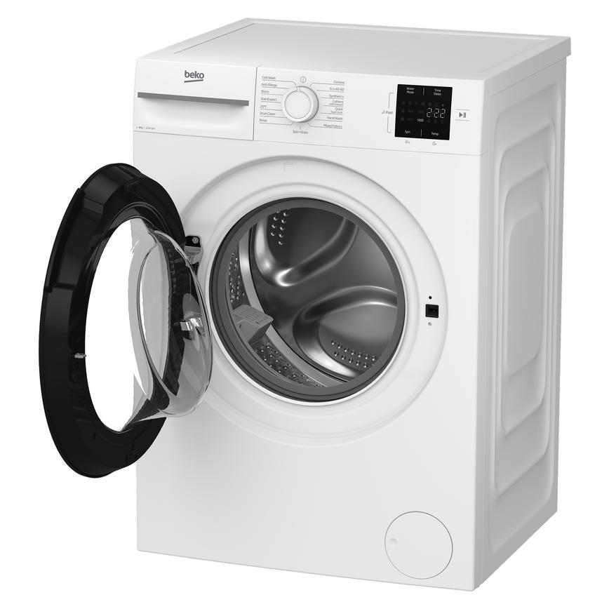 Beko B100 BM1WT3821W Freestanding 8kg 1200rpm White Washing Machine Door Open Angled View