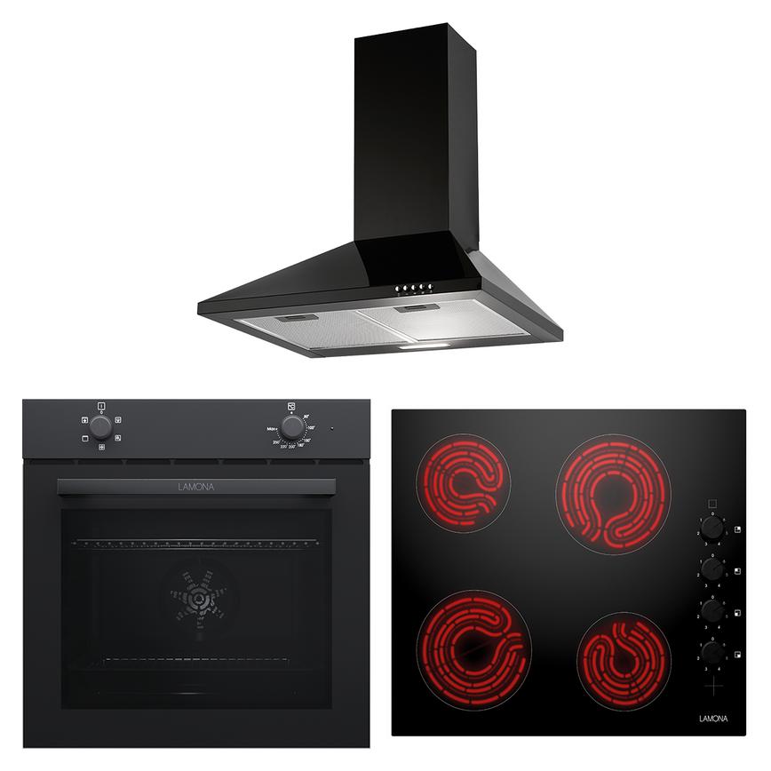 Lamona Black Fan Oven, Lamona 4 Zone Ceramic Hob, Lamona Black 60cm Chimney Cooker Hood