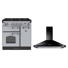 Rangemaster 90cm Dual Fuel Range Cooker and Black Cooker Hood Package