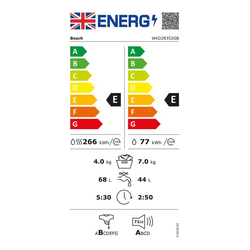 UK Energy Label HBH8900 Bosch WKD28352GB Integrated 7Kg _ 4Kg 1400rpm White Washer Dryer