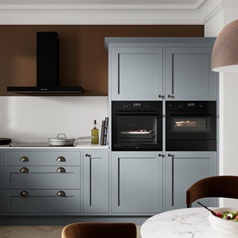 AEG Gloss Black Oven, Combi Microwave Oven, and Warming Drawer in Chilcomb Dusk Blue