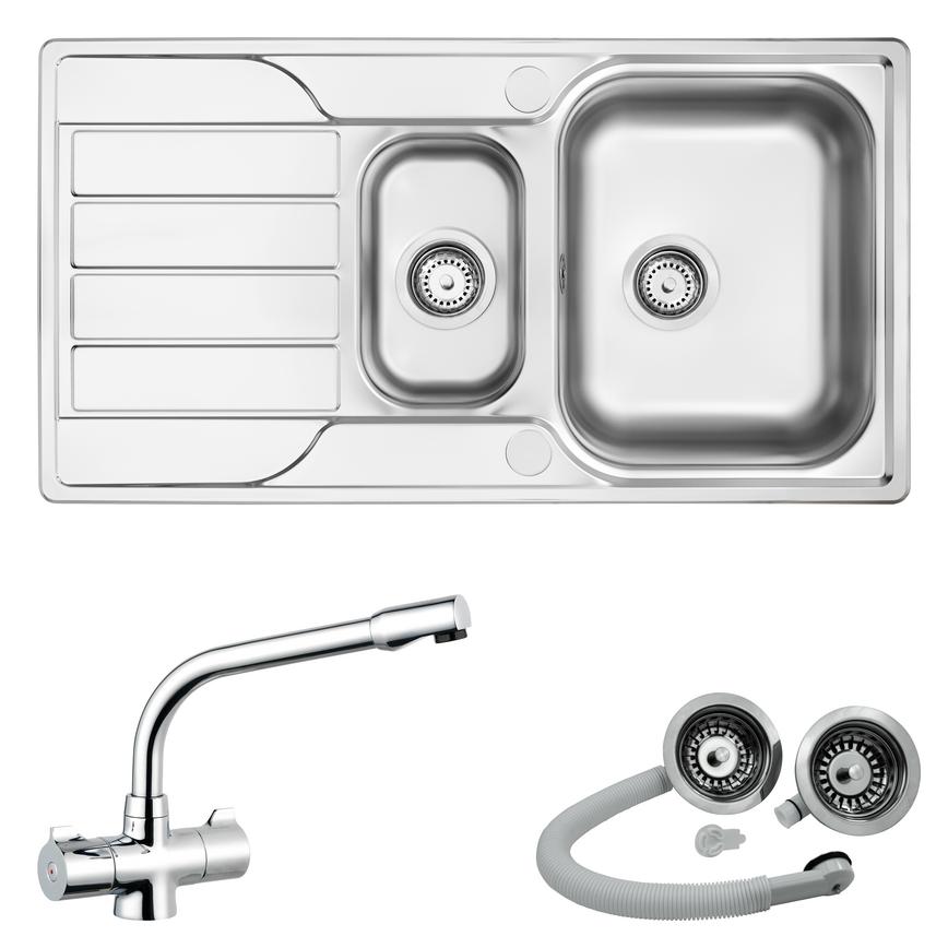 Rumworth 1.5 Bowl Reversible Inset Stainless Steel Sink and Hi-Tech Chrome Long Arm Mixer Tap With Strainer Waste Kit Package