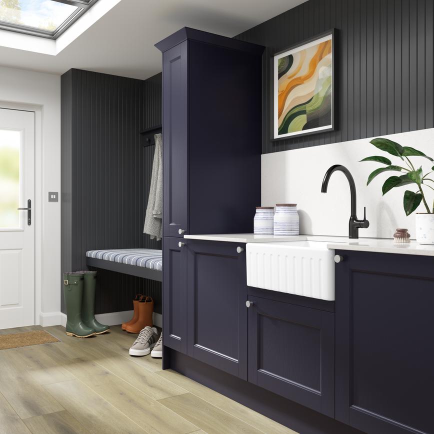 Ceramic Fluted Winterburn Butler 600 Single Bowl featuring Bridgemere Navy Kitchen