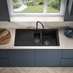 1.5 Bowl Black Composite Sink With Stainless Steel Waste Kit, Rienza Matt Black Tap in a Clerkenwell Marine Blue Kitchen
