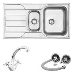 Rumworth 1.5 Bowl Sink and Traditional Chrome Swan Neck Mixer Tap With Premium Strainer Waste Kit Package