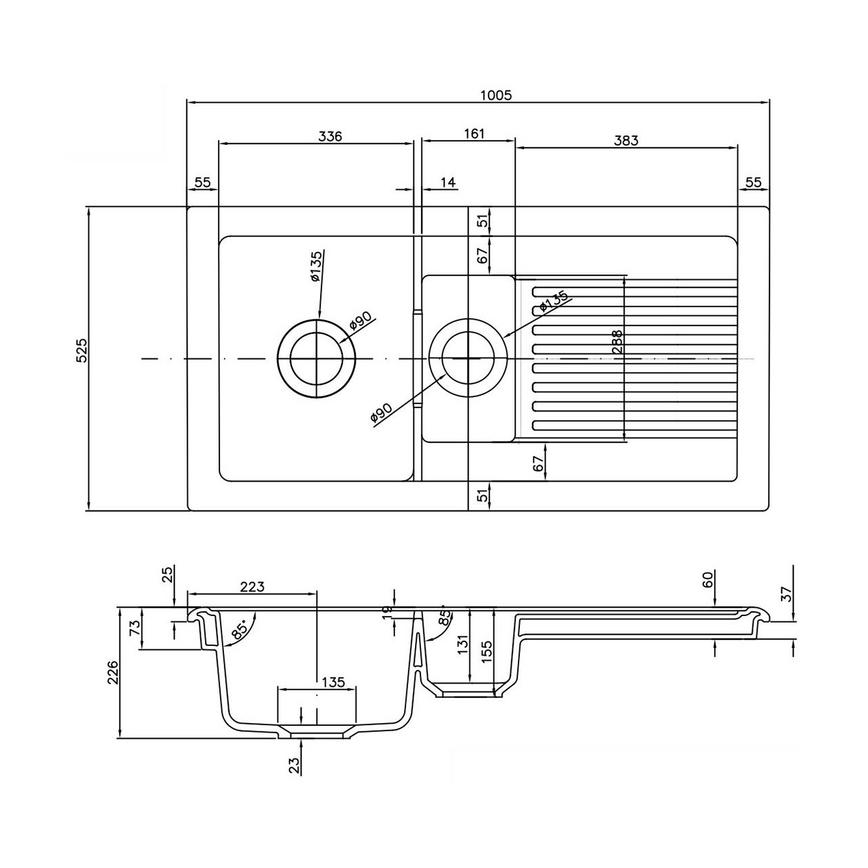 Keddington 1.5 Bowl Reversible Inset Ceramic White Kitchen Sink Line Drawing