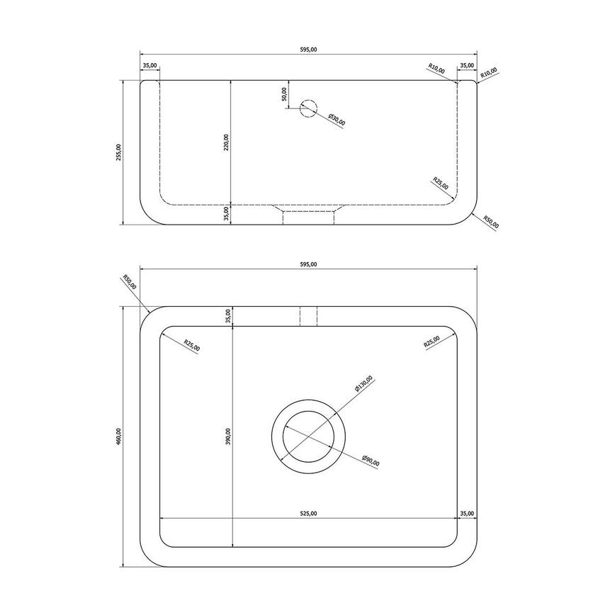 Single Bowl No Drainer Undermount Ceramic Smooth White Butler Kitchen Sink Line Drawing