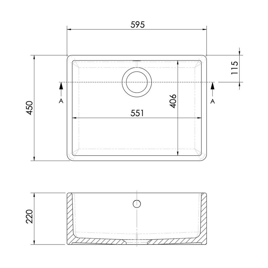 Holkham Single Bowl No Drainer Undermount Ceramic Fluted White Butler Kitchen Sink Line Drawing