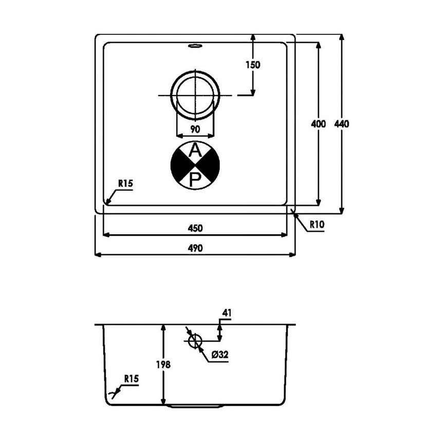 Easton Single Bowl No Drainer Inset/Undermount Stainless Steel Kitchen Sink Line Drawing