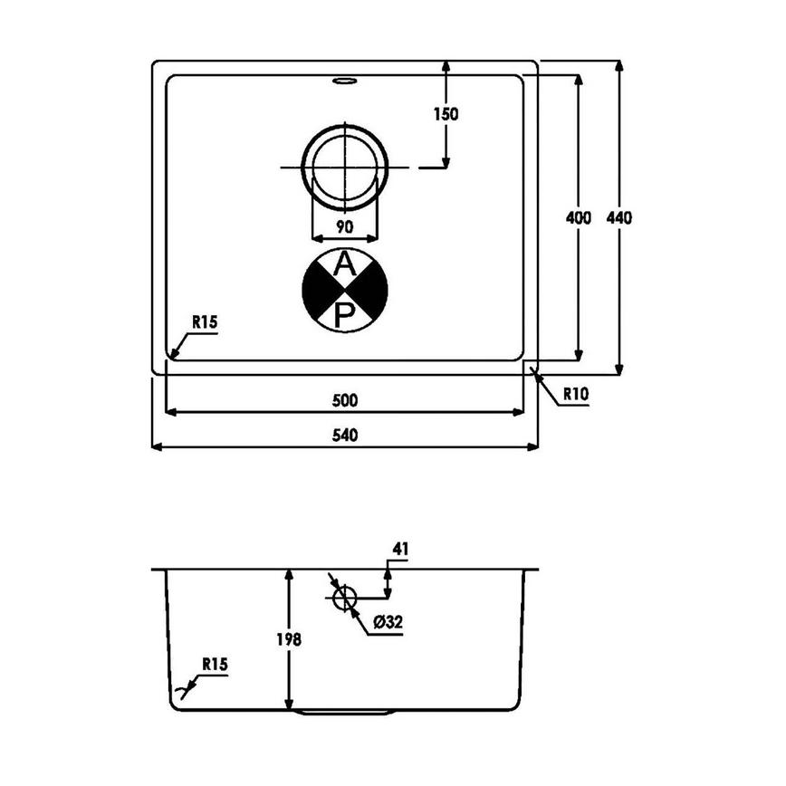 Easton Single Bowl No Drainer Inset/Undermount Stainless Steel Large Kitchen Sink Line Drawing