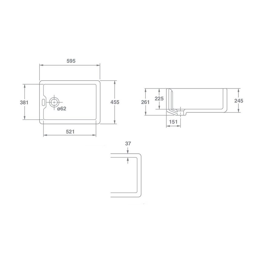 Single Bowl No Drainer Undermount Ceramic Smooth White Belfast Kitchen Sink Line Drawing