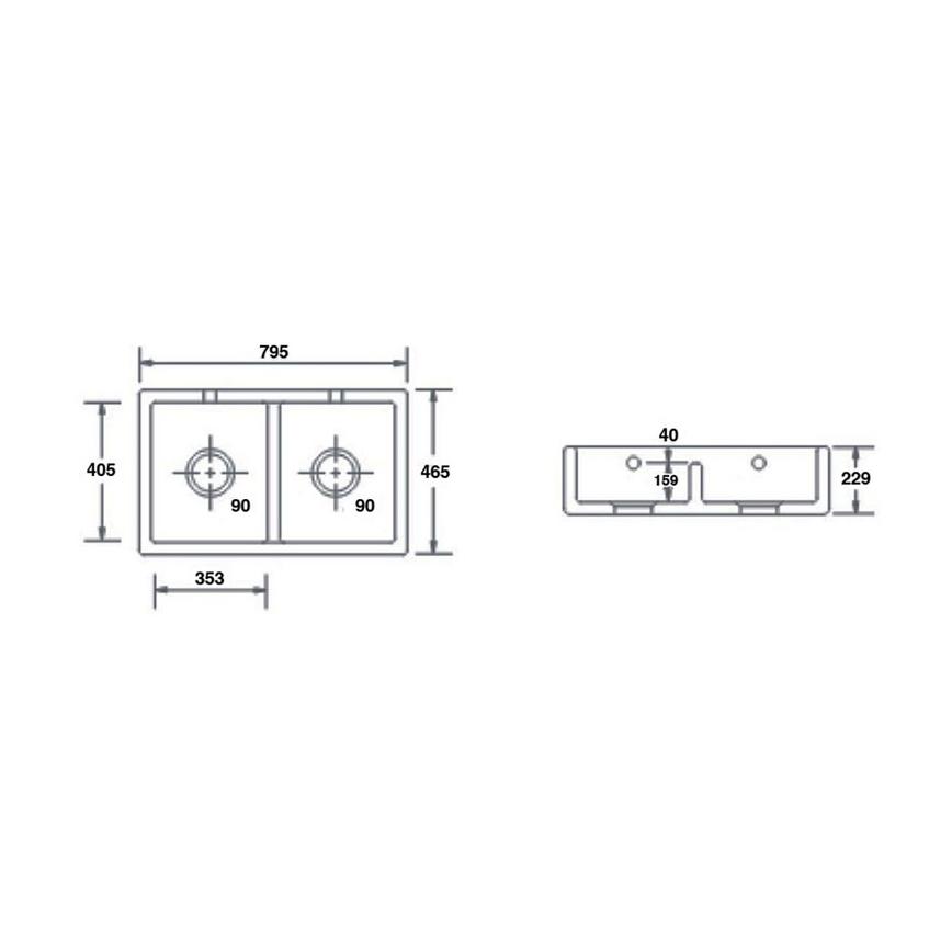 Winterburn Double Bowl No Drainer Undermount Ceramic Smooth White Butler Kitchen Sink Line Drawing