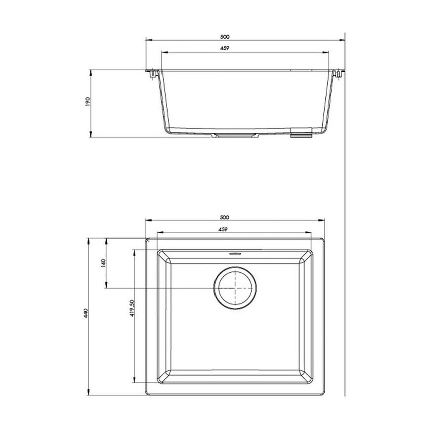 Single Bowl No Drainer Inset/Undermount Composite Black Kitchen Sink Line Drawing