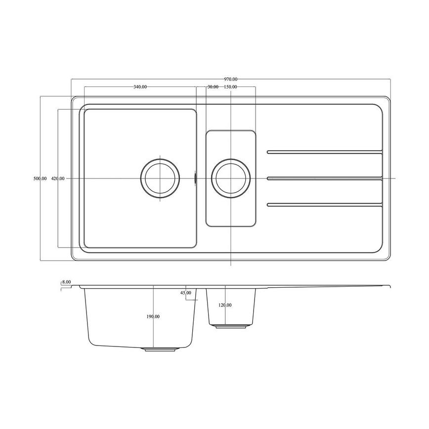 1.5 Bowl Reversible Inset Composite Black Kitchen Sink Line Drawing