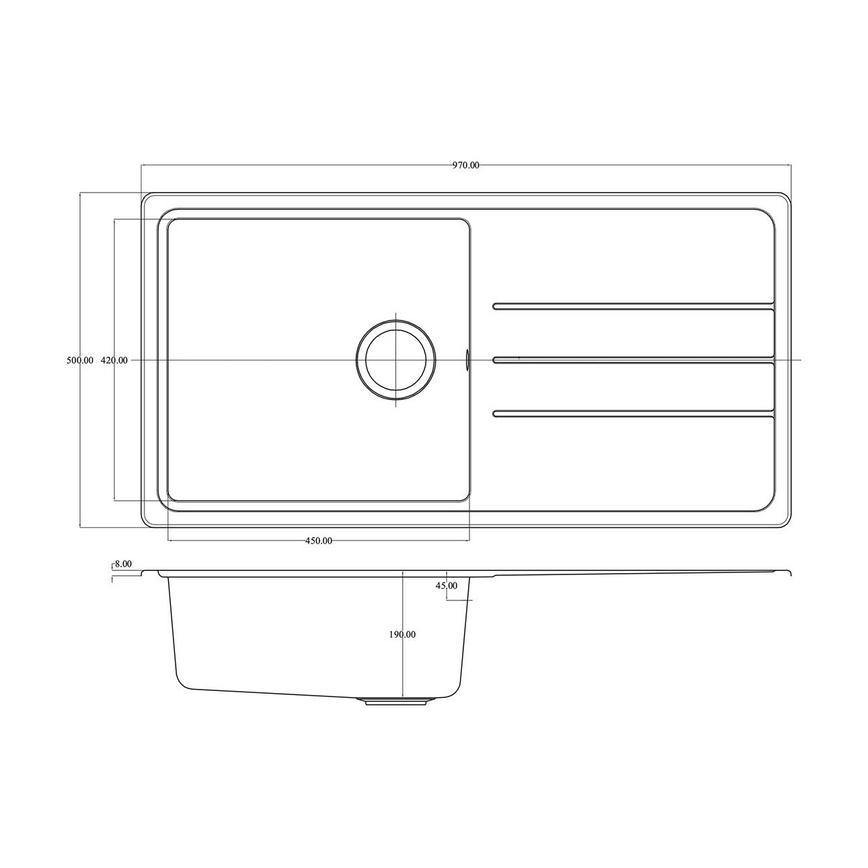 Single Bowl Reversible Inset Composite White Kitchen Sink Line Drawing
