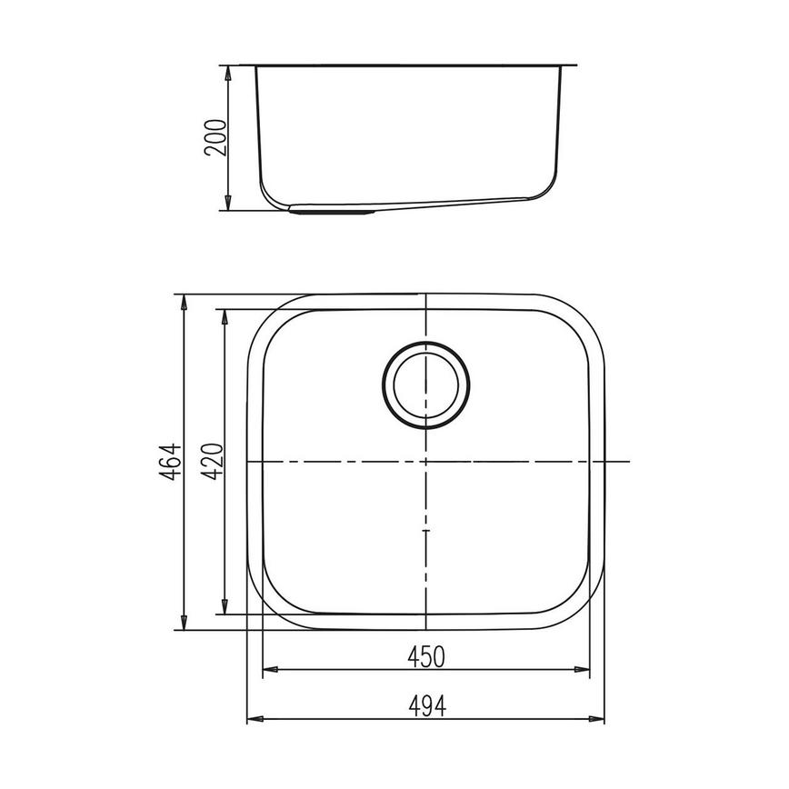 Cransley Single Bowl No Drainer Undermount Stainless Steel Kitchen Sink Line Drawing
