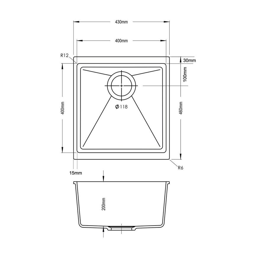 Chasewater Single Bowl No Drainer Inset/Undermount Granite Composite Black Compact Kitchen Sink Line Drawing