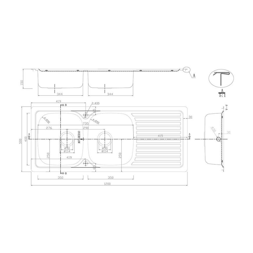 Abberton Single Bowl Sink Line Drawing