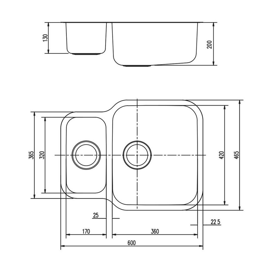 Franke Bell 1.5 Bowl Sink Line Drawing