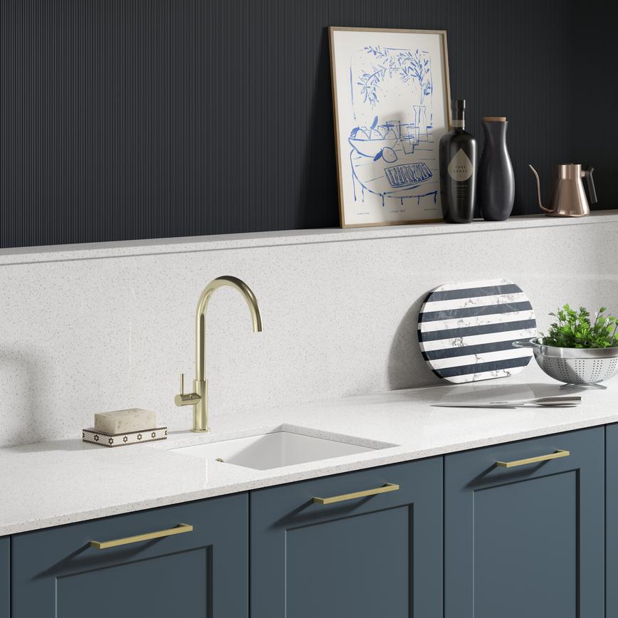 Radstone Brass Single Lever Tap on a White Single Bown Sink in a Chelford Marine Blue Kitchen