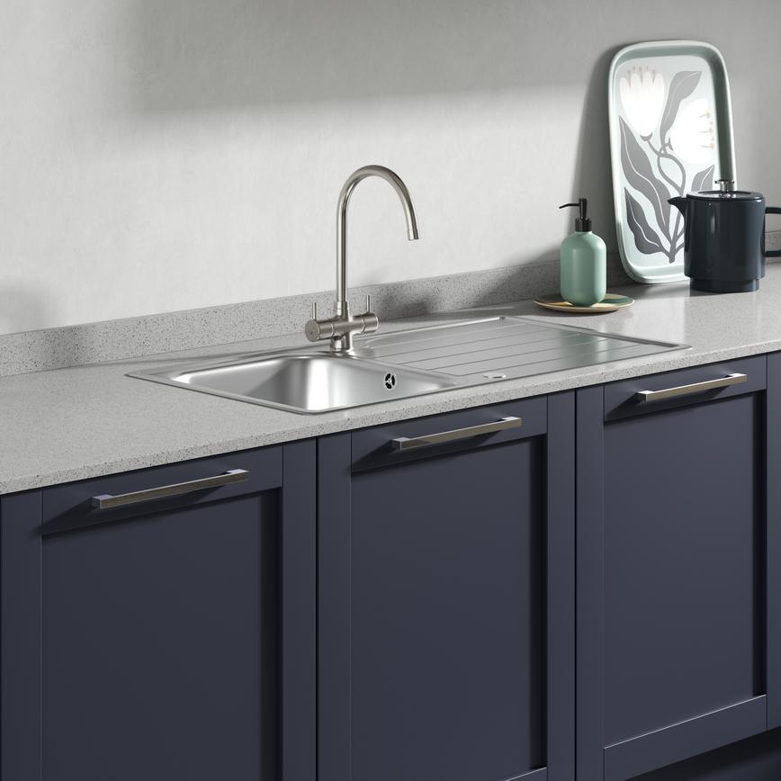 Rienza Brushed Steel Tap Mounted on a Rumworth Single Bowl Sink in a Witney Navy Kitchen Set