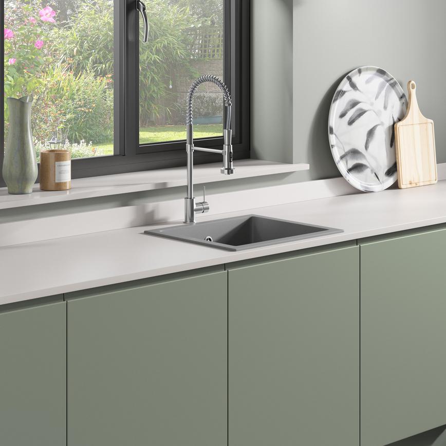 Alvo Professional Brushed Nickel J Spout Pull Out Kitchen Tap 