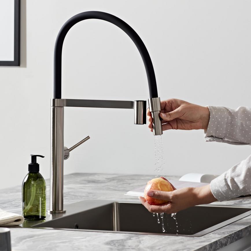 Blackwater Brushed Nickel Swan Neck Pull Out Tap In Use